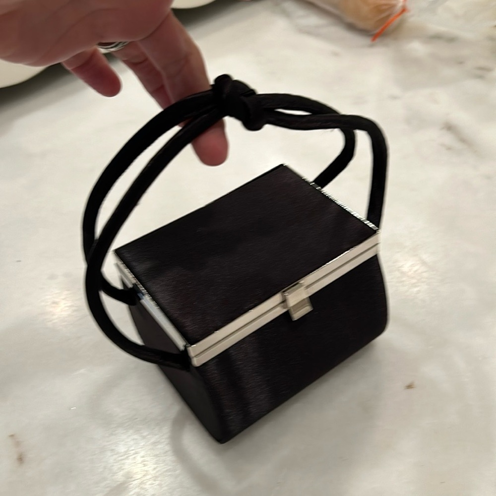 Cute Black Satin Cocktail Purse with chrome accent and mirror inside